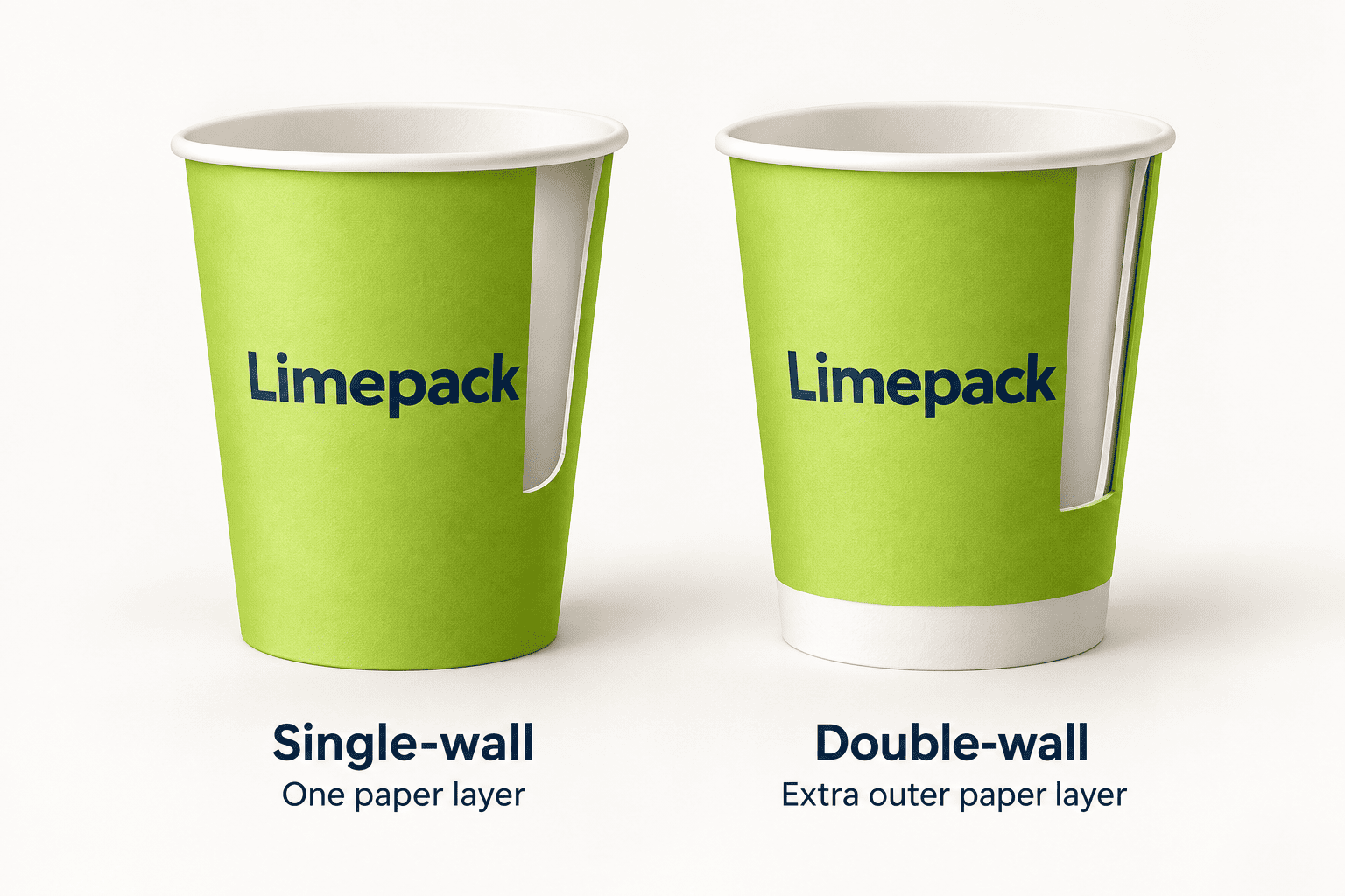 Einwandige und doppelwandige Pappbecher mit Limepack-Logo im Querschnitt: Die zusätzliche äußere Papierschicht ist sichtbar.